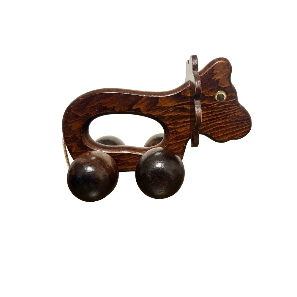 Wooden‎ Toy Vintage Push Along Brown Lion Small Crawl Roller Baby Toddler